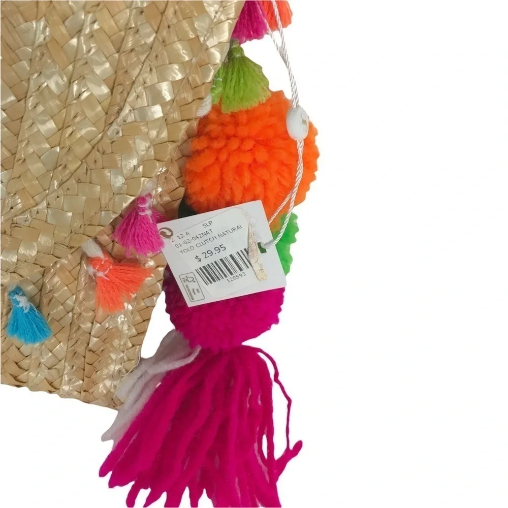 SHIRALEAH Woven Rainbow Tassel & Pompom Envelope Purse Bag YOLO Clutch Natural